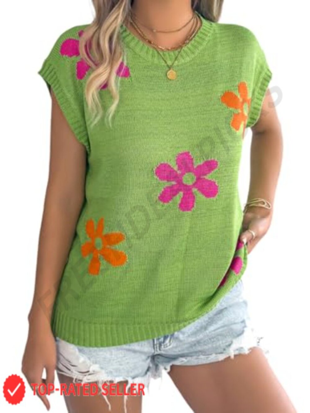 Cap Sleeve Sweater Vest Floral Print Lightweight Knit Top